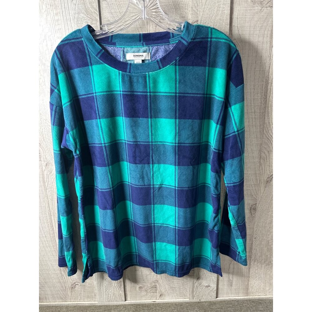 Sonoma Womens Plaid Long Sleeve Sleepwear Top Blue & Teal Polyester Medium